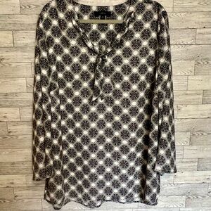 Ellos 22W Black/White Geometric Pattern Tunic w/Neck Tie‎ Bell Sleeves Plus Size